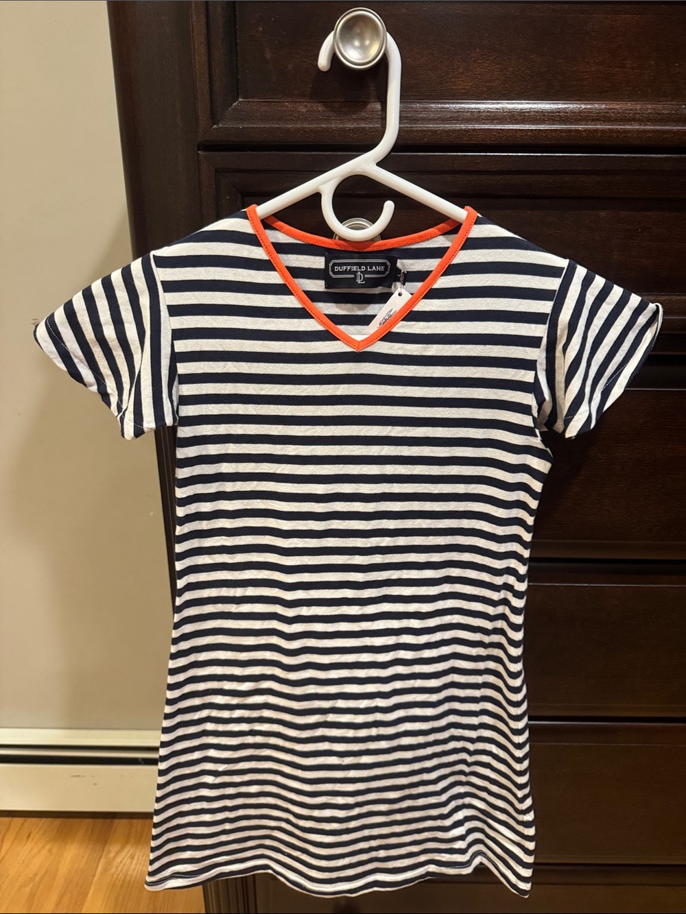 Duffield Lane Navy & White Striped Short Sleeve Tee dress with Orange Trim